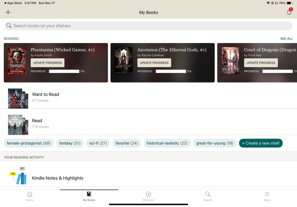 Screen display shows the Goodreads app interfaces, which features Reading, Read, and Want to Read shelves